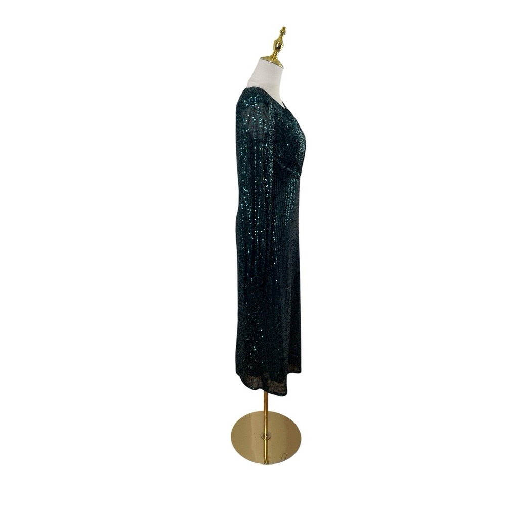 Mac Duggal 26866 Emerald Green Sequin Long Sleeve Plunge Midi Dress Size 6 $398 - Picture 5 of 7